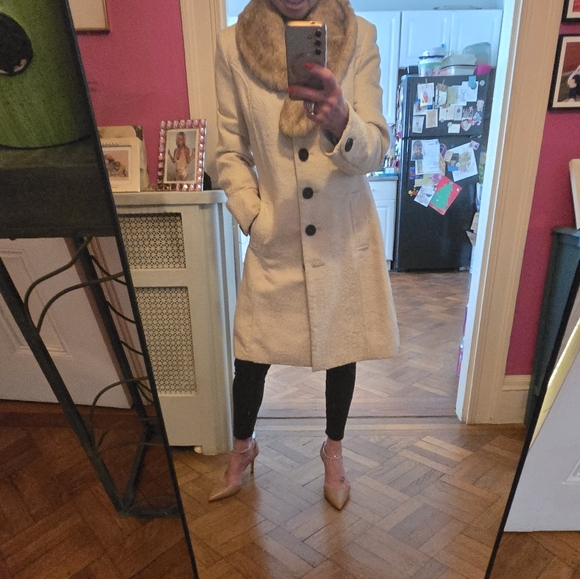 Beautiful Fitted White/Cream Brocade Coat W Removal FUR Collar Sz Small, Merona - Picture 4 of 16